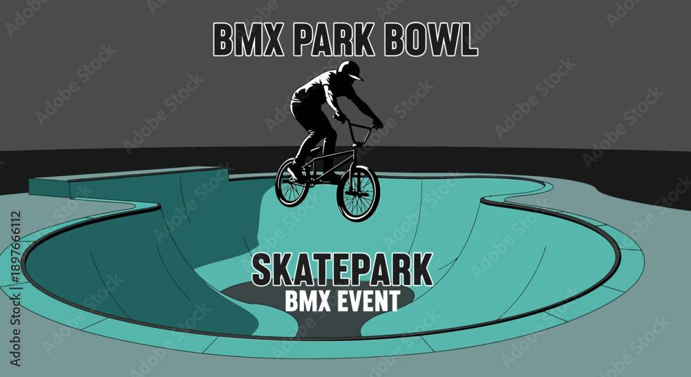 Fototapeta premium BMX Rider Performing Stunts Inside Skatepark Bowl, Silhouette Style, Extreme Sports