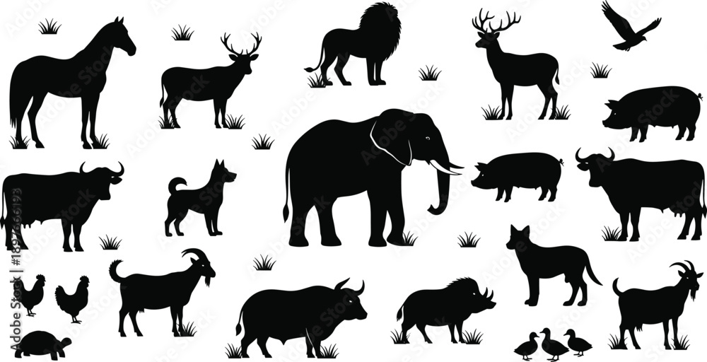 Obraz premium Farm and wildlife animal silhouette collection featuring elephant, lion, deer, horse, pig, goat, buffalo, birds, perfect for nature logos and vector designs
