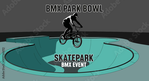 BMX Rider Performing Stunts Inside Skatepark Bowl, Silhouette Style, Extreme Sports