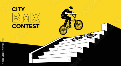 City BMX Contest Displaying Stunt Rider On His Bicycle Performing a Jump Over Stairs