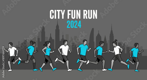City Fun Run 2024: Urban Race Involving Multiple Individuals With Silhouette Skyline Backdrop