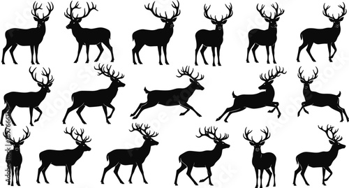 Deer silhouette collection featuring stag animals with antlers in standing and running poses, ideal for hunting logos, wildlife emblems, forest vector designs