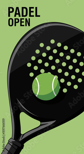 Bold Padel Open Illustration Featuring Racket and Tennis Ball, Dynamic Sporty Design