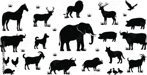 Farm and wildlife animal silhouette collection featuring elephant, lion, deer, horse, pig, goat, buffalo, birds, perfect for nature logos and vector designs