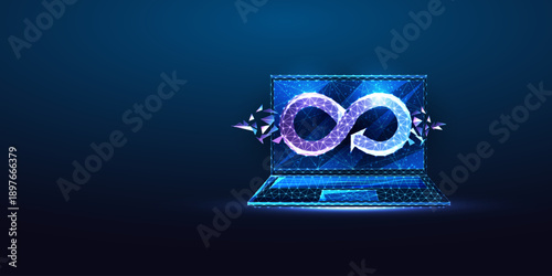 Infinite Loop Laptop. DevOps Automation, Continuous Cycle, Low Poly Blue Vector Illustration