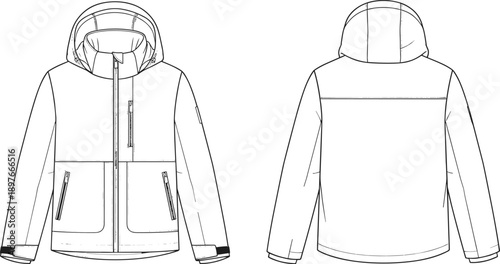 Technical fashion sketch of a hooded winter jacket, front and back view of outdoor performance parka, professional garment template for apparel manufacturing and design