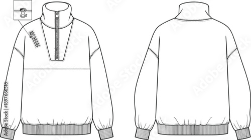 Technical fashion sketch of a quarter zip fleece pullover sweatshirt, front and back view of oversized jumper, professional garment template for apparel manufacturing design