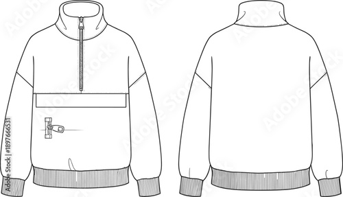 Technical fashion sketch of a quarter zip pullover sweatshirt, front and back view of oversized fleece jumper, professional garment template for apparel manufacturing design