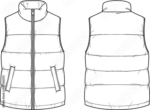 Technical fashion sketch of a unisex puffer vest showing front and back views with zipper detail isolated on white background