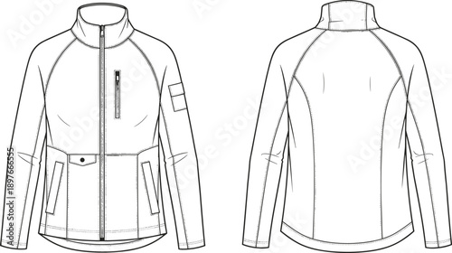 Technical fashion sketch of a zipped utility jacket, front and back view of outdoor sports apparel, professional garment template for manufacturing and design