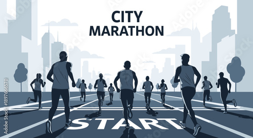 City Marathon Runners Sprint Towards The Start Line With Urban Skyline