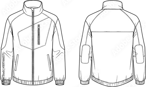 Technical fashion sketch of a zipped windbreaker jacket, front and back view of outdoor sports apparel, professional garment template for apparel manufacturing and design