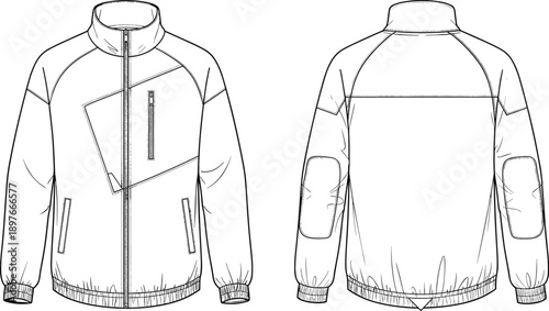 Technical fashion sketch of a zipped windbreaker jacket, front and back view of outdoor sports apparel, professional garment template for apparel manufacturing and design