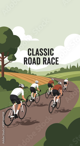 Competitive Cyclists On Scenic Countryside Road Race
