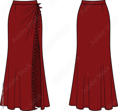 Women's burgundy maxi skirt, technical fashion illustration, high side slit, gathered hip, front and back view, vector flat sketch mockup