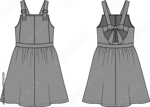 Women's grey pinafore dress technical fashion illustration, front and back flat sketch, bow back, vector template.