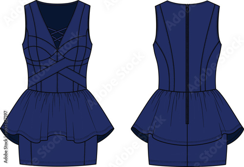 Women's navy blue peplum top technical fashion illustration, front and back flat sketch, bandage bodice, vector template.