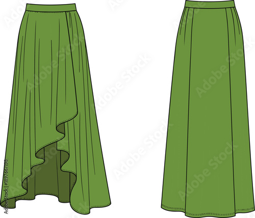 Women's olive green skirt, technical fashion illustration, high low hem, front and back view, vector flat sketch, asymmetrical maxi design mockup