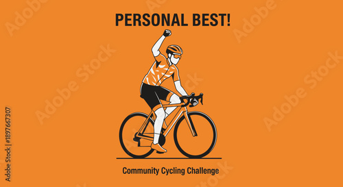 Cyclist Achieving Personal Best and Community Challenge on Orange Background