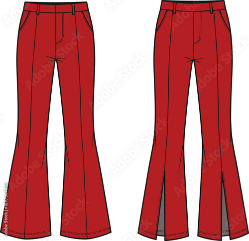Women's red flared trousers technical flat sketch, vector illustration of split hem pants, front and back view fashion template