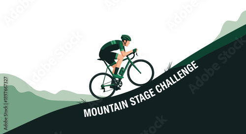 Cyclist Ascending Steep Hill During Mountain Stage Challenge, Vector Illustration