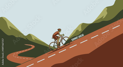 Cyclist Ascending Steep Hill Towards Summit, Overcoming Challenge Through Determination