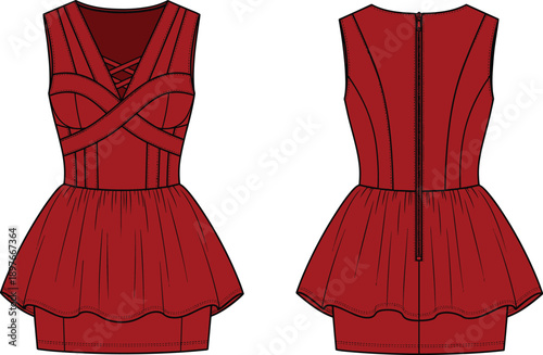 Women's red peplum top technical fashion illustration, front and back flat sketch, bandage bodice, vector template.
