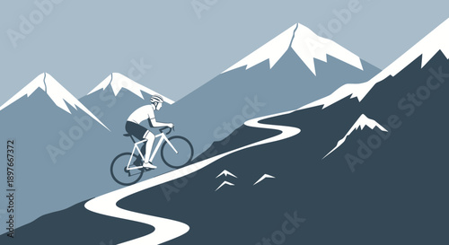 Cyclist Ascending Winding Mountain Road: A Silhouetted Pursuit Towards the Peaks