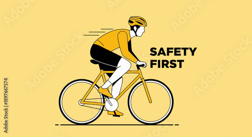 Cycling Safety First Illustrated Rider With Helmet On Yellow Background