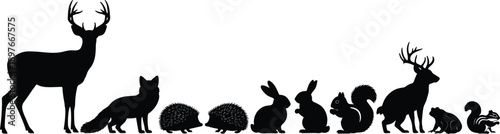Woodland animal silhouettes, forest wildlife clipart, black forest creatures, nature vector icons, deer fox rabbit squirrel frog, isolated illustration set