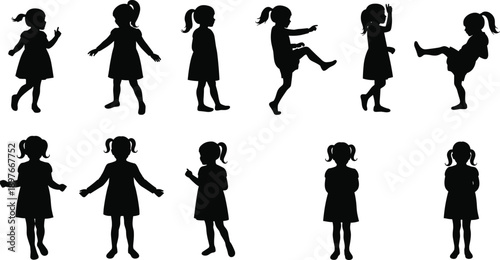Young girl silhouette collection, various poses, ponytail, dress, walking, dancing, standing, kicking, gesturing, movement, posture, animation, design, emotion, action, character, black, isolated