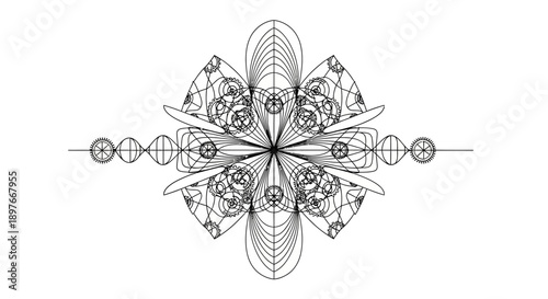 Intricate Geometric Floral Design, elaborate lines and shapes, spiritual symbol art, isolated white background