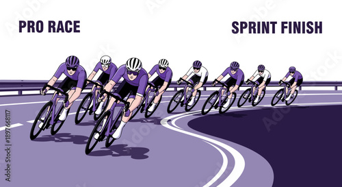 Cyclists Competing in a Road Race Towards The Sprint Finish Line in Purple Tones