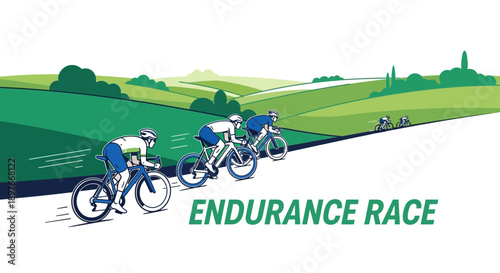 Cyclists Competing in an Endurance Race on a Green Grassy Hillside