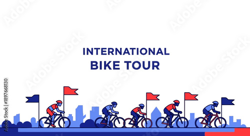 Cyclists Competing In An International Bike Race Amidst An Abstract Cityscape Illustration