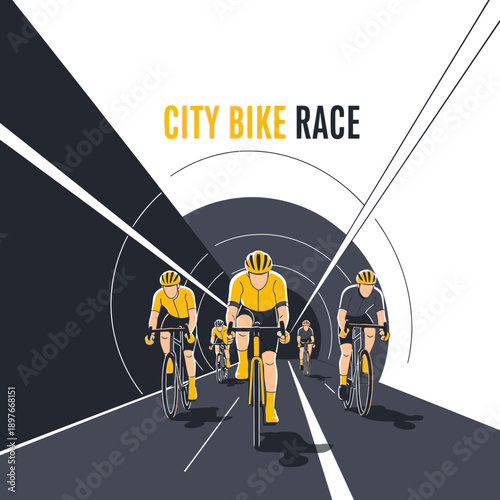 Cyclists Competing In Urban Bicycle Race Inside A Tunnel With Modern Graphics Design