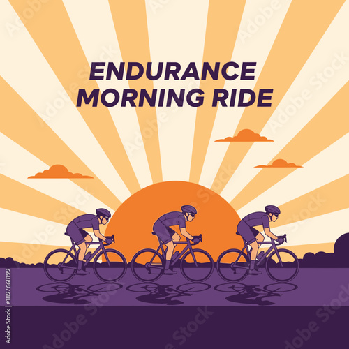 Cyclists Engaging In Early Morning Endurance Ride With Sunset Backdrop And Dynamic Shadows