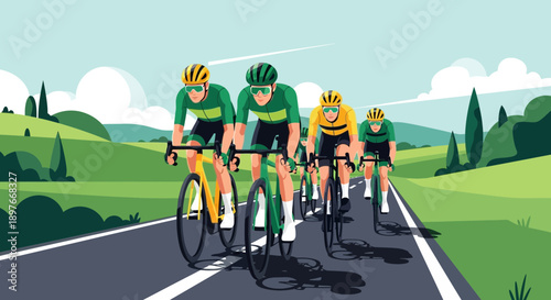 Cyclists Racing on a Scenic Road Through Lush Green Landscape on a Sunny Day