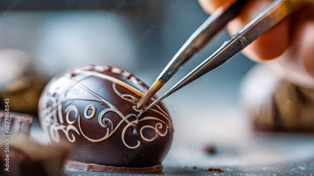 Fototapeta premium Hand decorated chocolate egg with white swirls