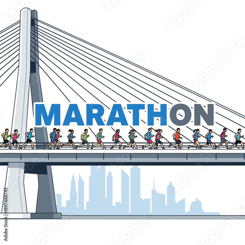 Diverse Athletes Compete On Modern Bridge During City Marathon Event