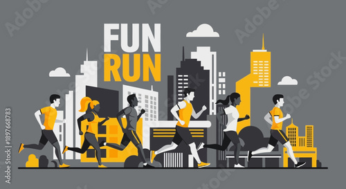 Diverse Athletes Racing Through Vibrant Cityscape Graphic Fun Run Event