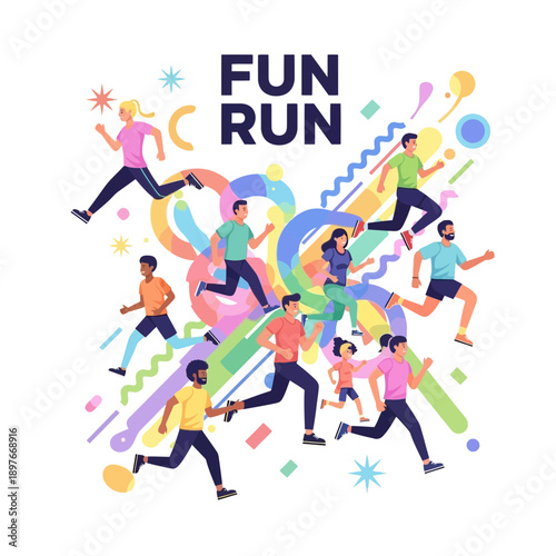 Diverse Group Engaged In Vibrant Fun Run Event Outdoor Activities