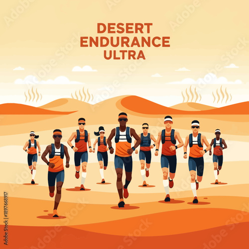 Desert Endurance Ultra Marathon Runners Competing In Arid Landscape