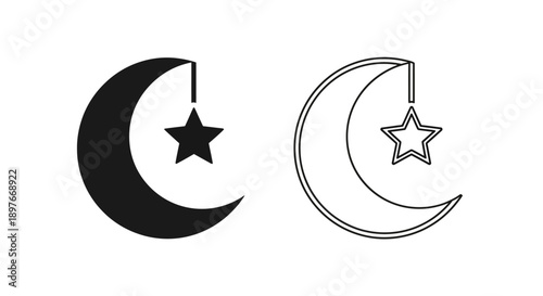 Crescent Moon and Star Icon - Black and White