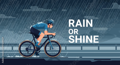 Determined Cyclist Braves Downpour Illustrating Unwavering Dedication Through All Weather Conditions