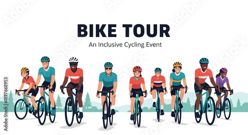 Diverse Group Joyfully Cycling Together on a Scenic Bike Tour in a Beautiful Setting