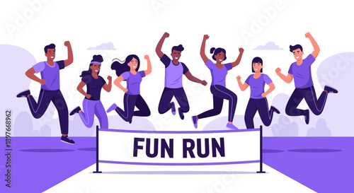 Diverse Group Joyfully Celebrates at Fun Run Finish Line Celebration