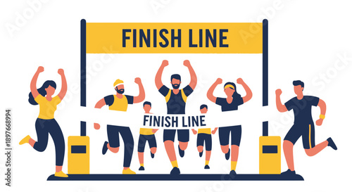 Diverse Group Of Runners Celebrating Crossing The Finish Line In A Race