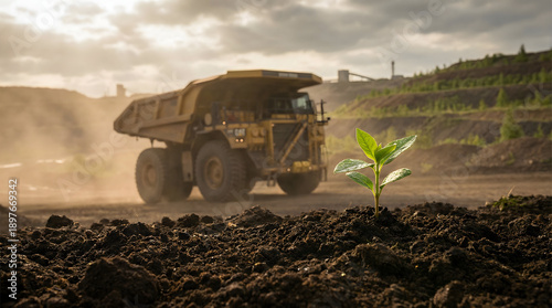 Environmental Sustainability Concept with Green Sprout and Mining Truck
