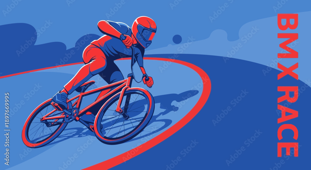 Fototapeta premium Dynamic Bmx Rider Leaning Into A Sharp Turn On A Blue Track